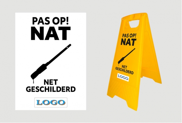 Waarschuwingsbord: Bouwbord Zwarte print - Pas op! Nat - Gepersonaliseerd (NL)