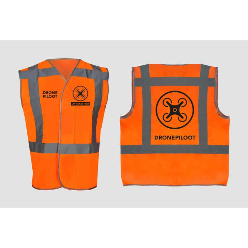 Dronevest Oranje (Veiligheidsvest RWS) – Met optioneel tekst in zwart – Maat M/L (NL)
