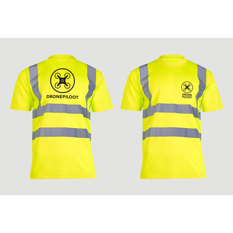 T-shirt Dronepiloot NL geel met optioneel eigen tekst in zwart - High visibility, reflecterende strepen - Maat S