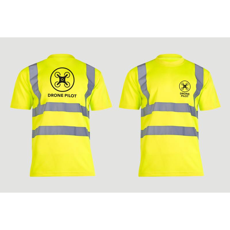 T-shirt Dronepiloot UK geel met optioneel eigen tekst in zwart - High visibility, reflecterende strepen - Maat S